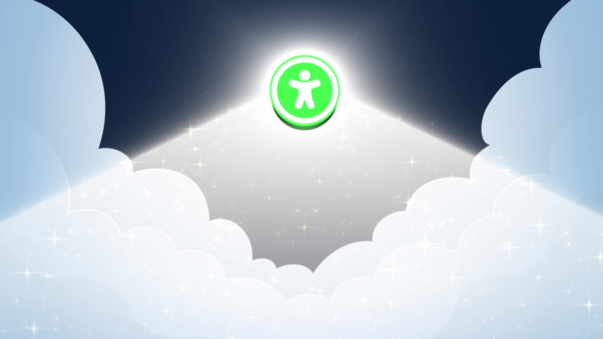 Un icono verde de accesibilidad desciende entre nubes, iluminado por un haz de luz.