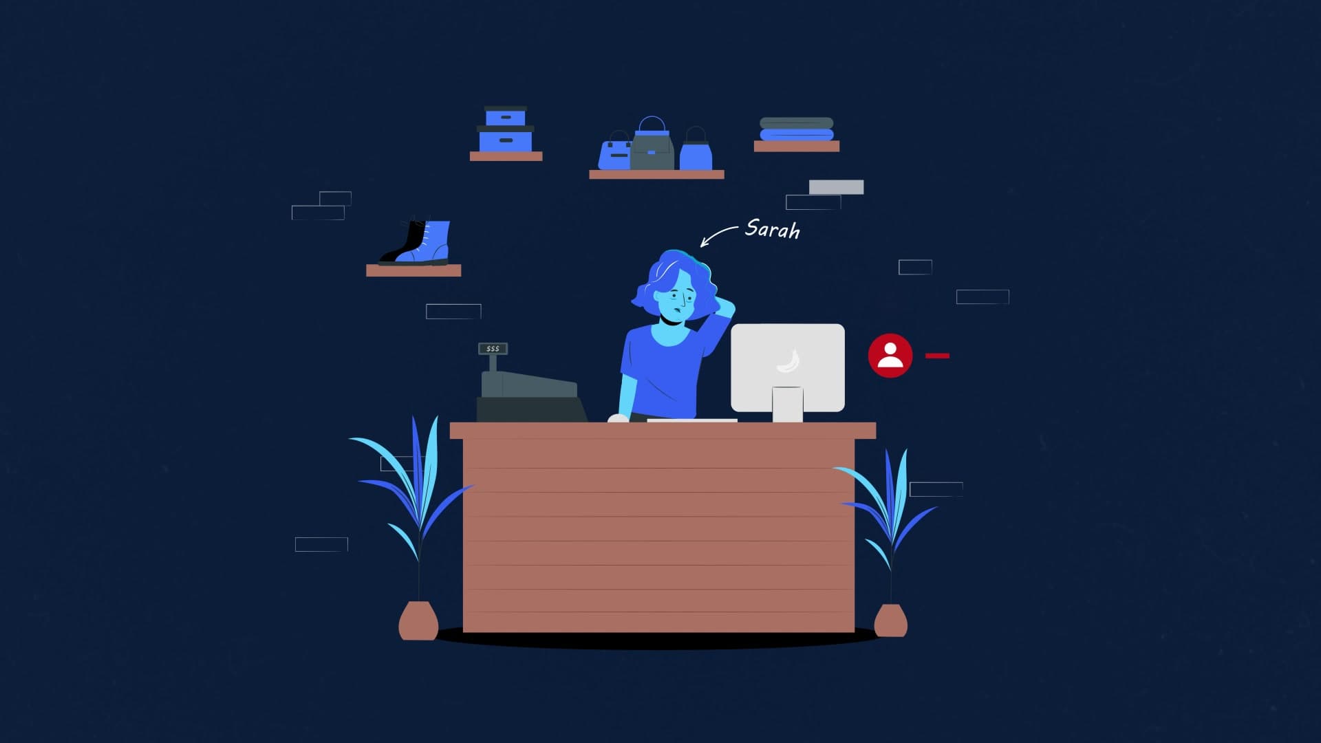Sarah, una dueña de tienda ilustrada en azul, se rasca la cabeza junto a su ordenador; un rótulo a mano señala su nombre.