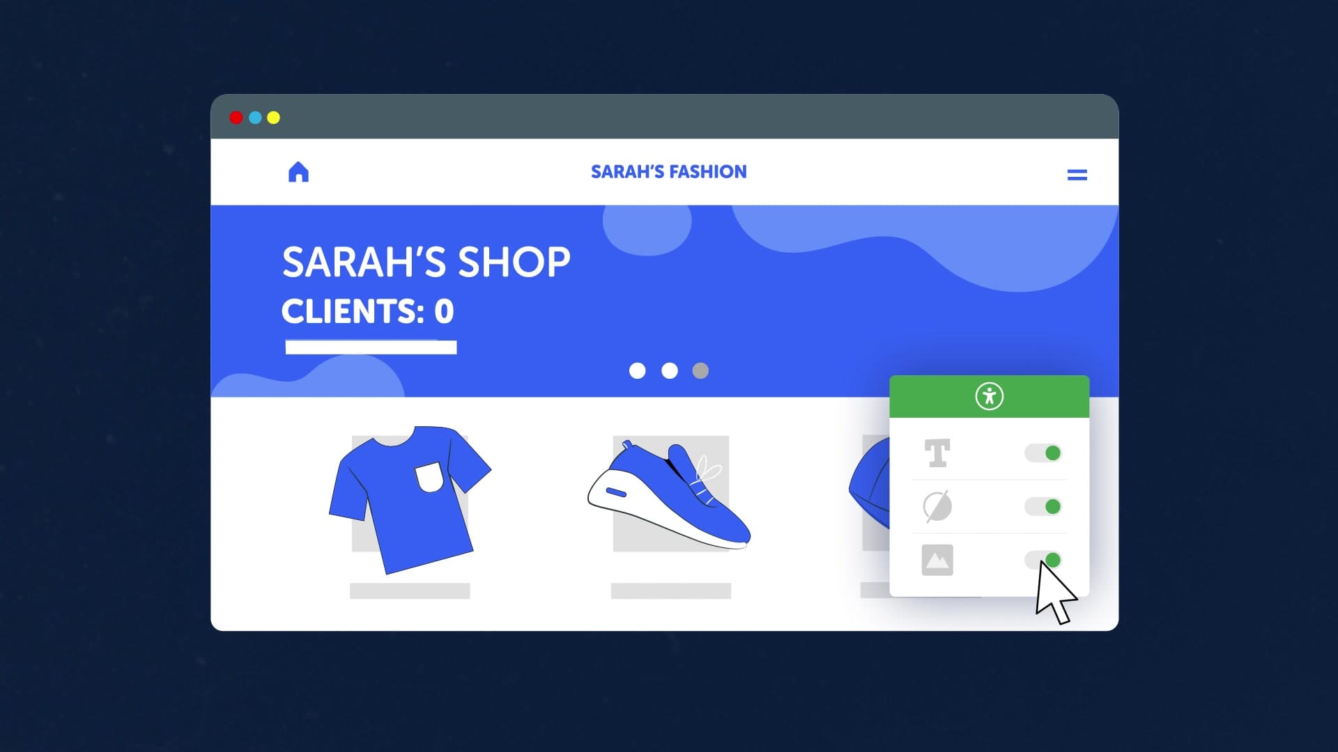 La web de la tienda ya en color, con el widget abierto y sus tres interruptores activados.