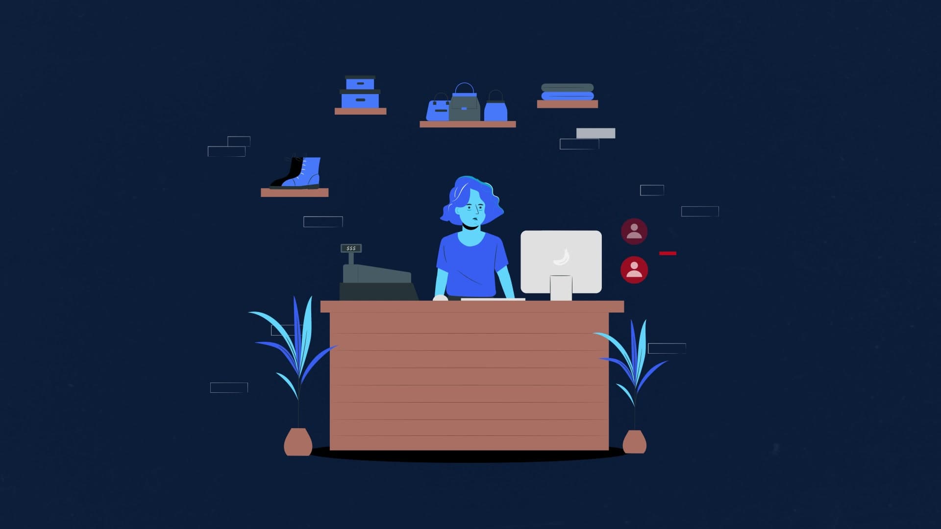 Sarah en el mostrador de su tienda de moda, ilustrada en azul.