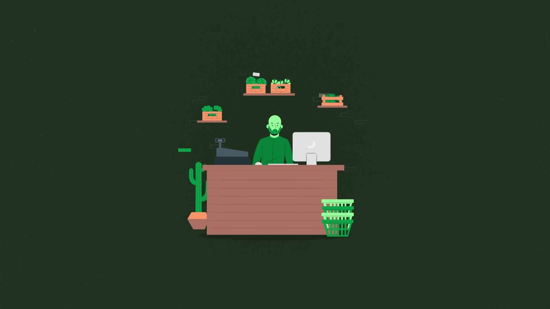 Dependiente de una tienda de plantas, ilustrado en verde.