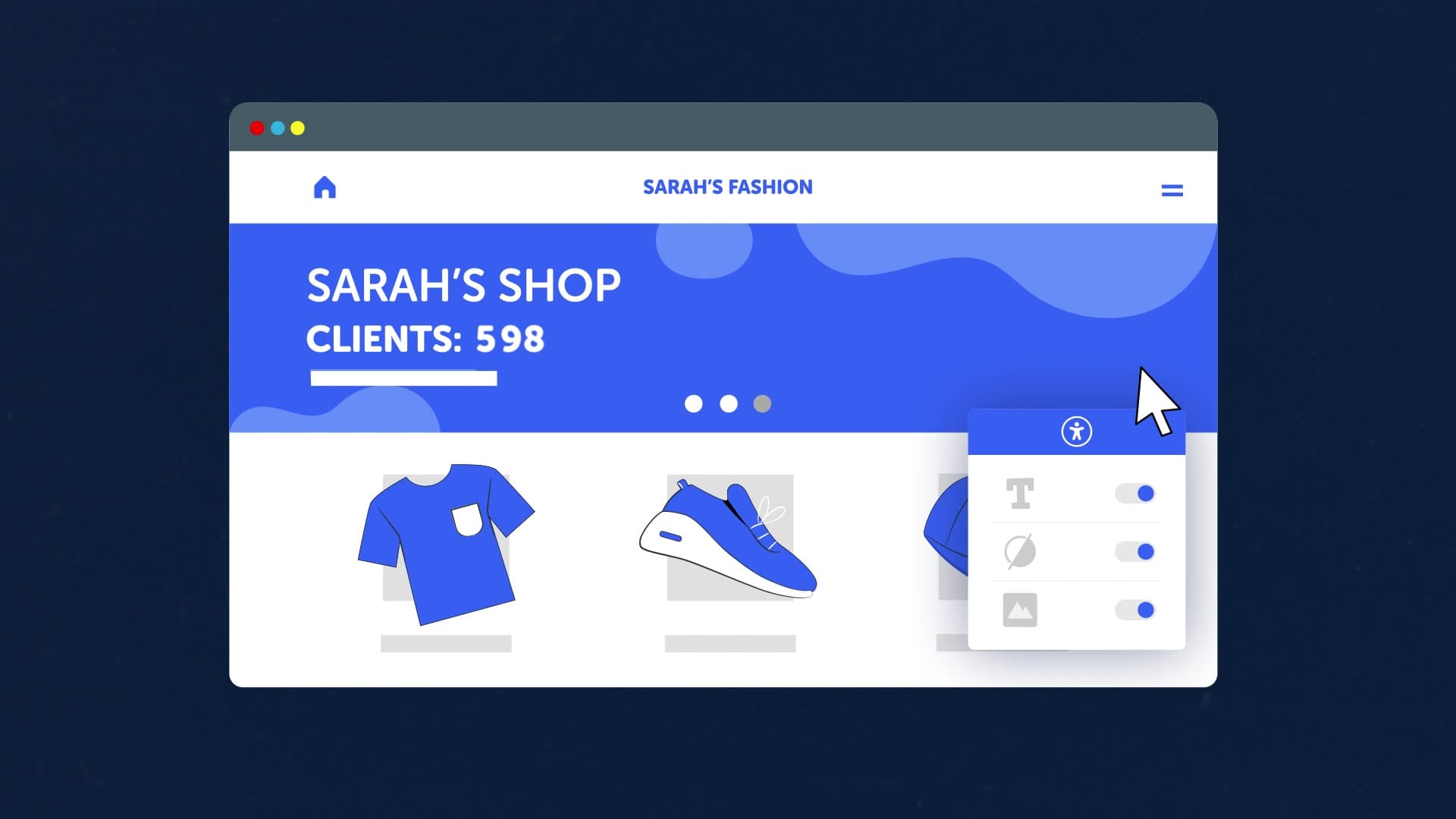 La misma web con el widget en azul, del color de la tienda, y el contador en 598 clientes.