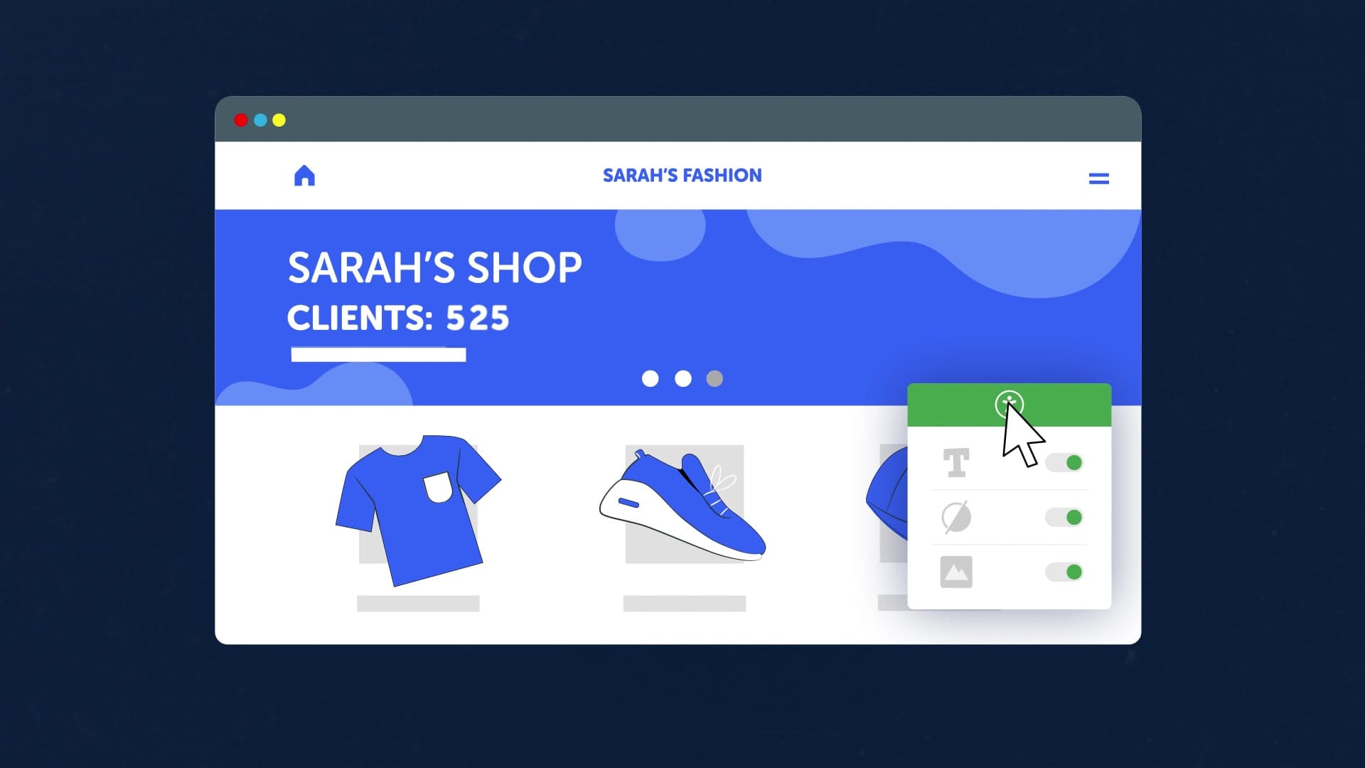 La web de la tienda con el widget de accesibilidad en verde y el contador en 525 clientes.