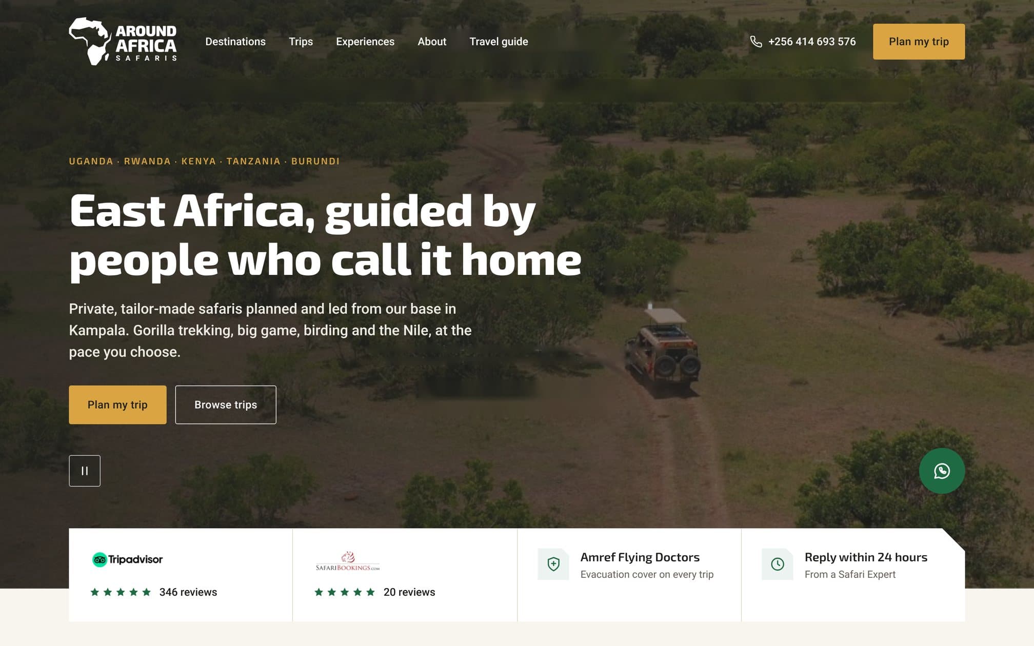 Primera pantalla de la nueva Home de Around Africa Safaris en escritorio, con el titular sobre una vista aérea de la sabana y la franja de valoraciones debajo.