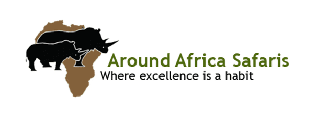 Logo original: dos rinocerontes negros sobre un mapa marrón de África, con el logotipo en verde oliva y el lema.