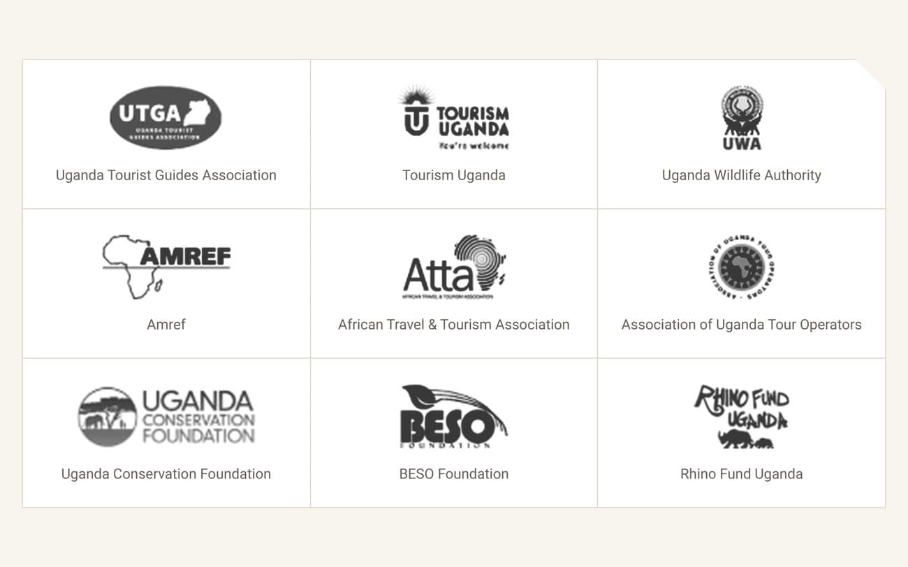 Muro de nueve logos de asociaciones de turismo y conservación, cada uno con su nombre.