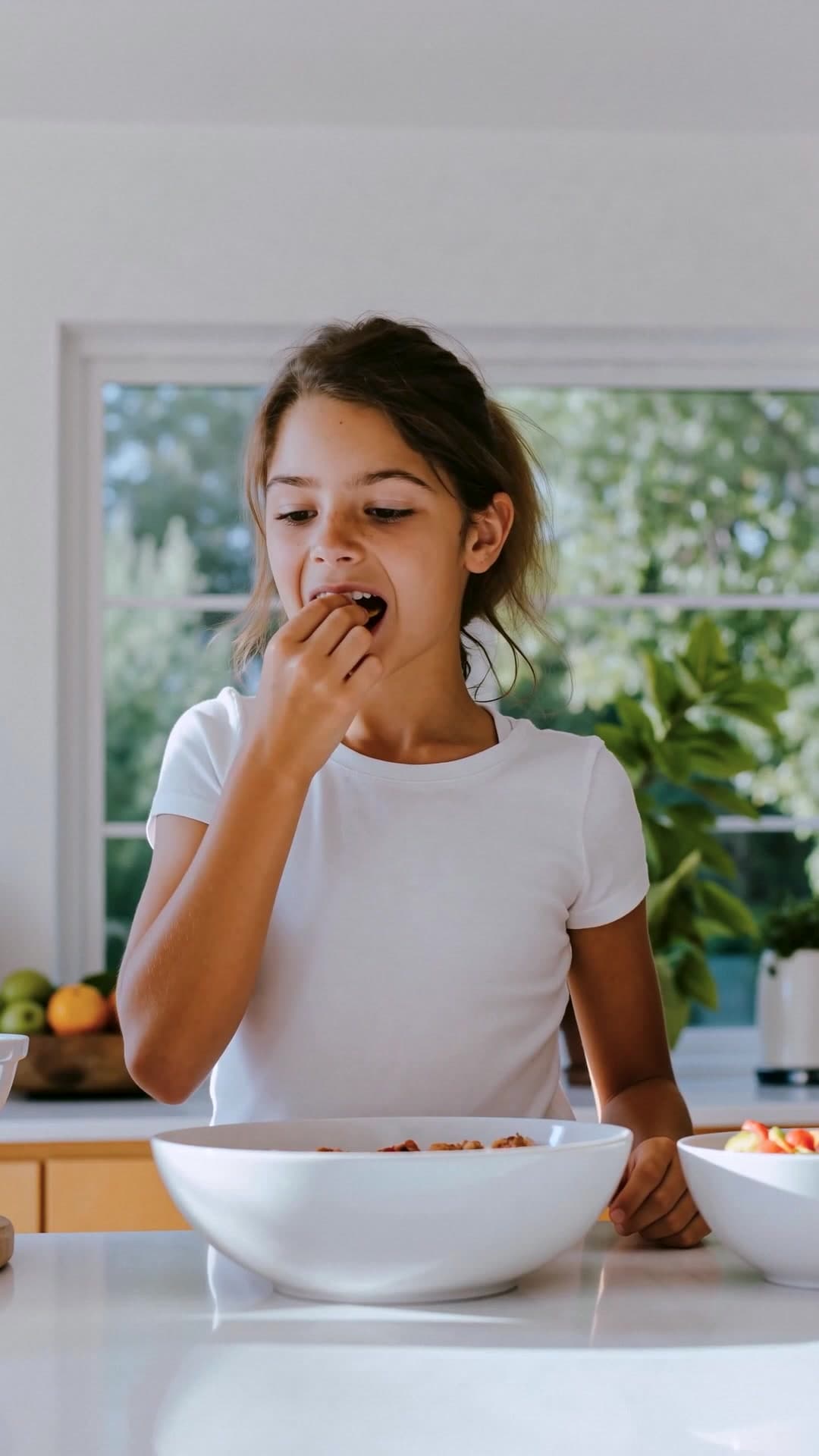 Una niña prueba un snack frente a un bol en una cocina luminosa.