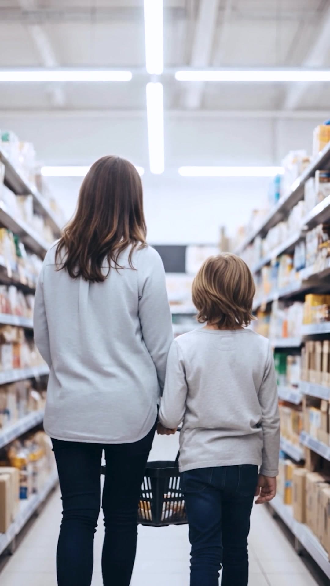 Una madre y su hijo, de espaldas, recorren el pasillo de un supermercado con una cesta.