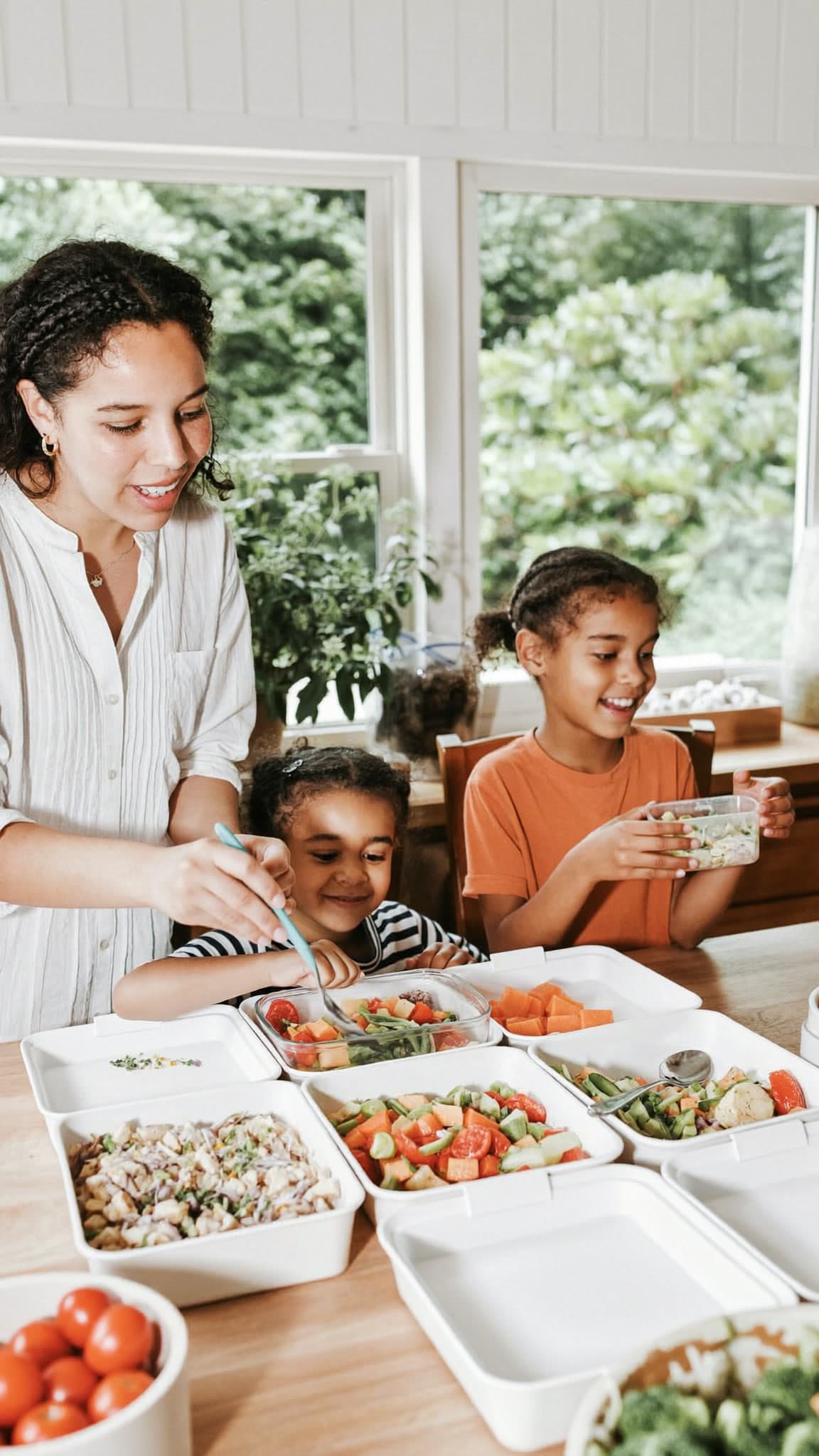 Exploración: una madre y dos niños preparan fiambreras en una mesa.