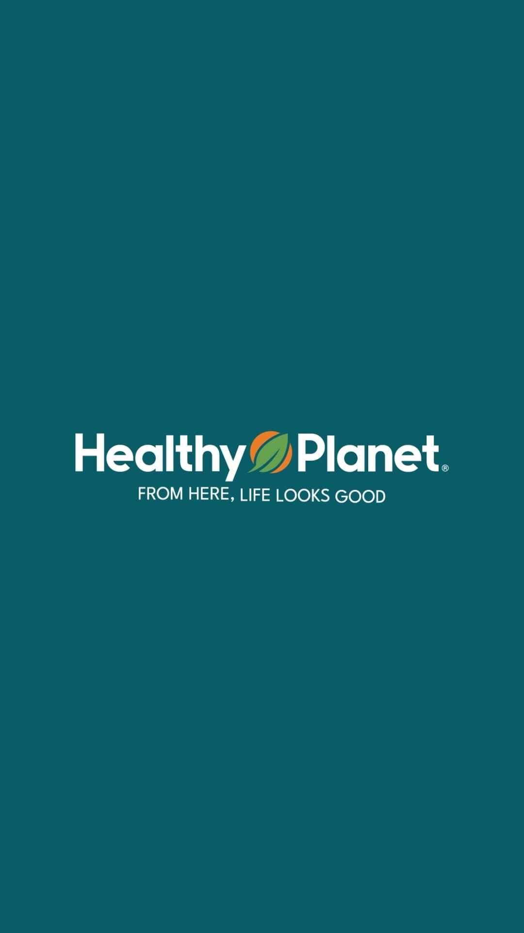 Cierre de marca de Healthy Planet sobre fondo verde azulado.