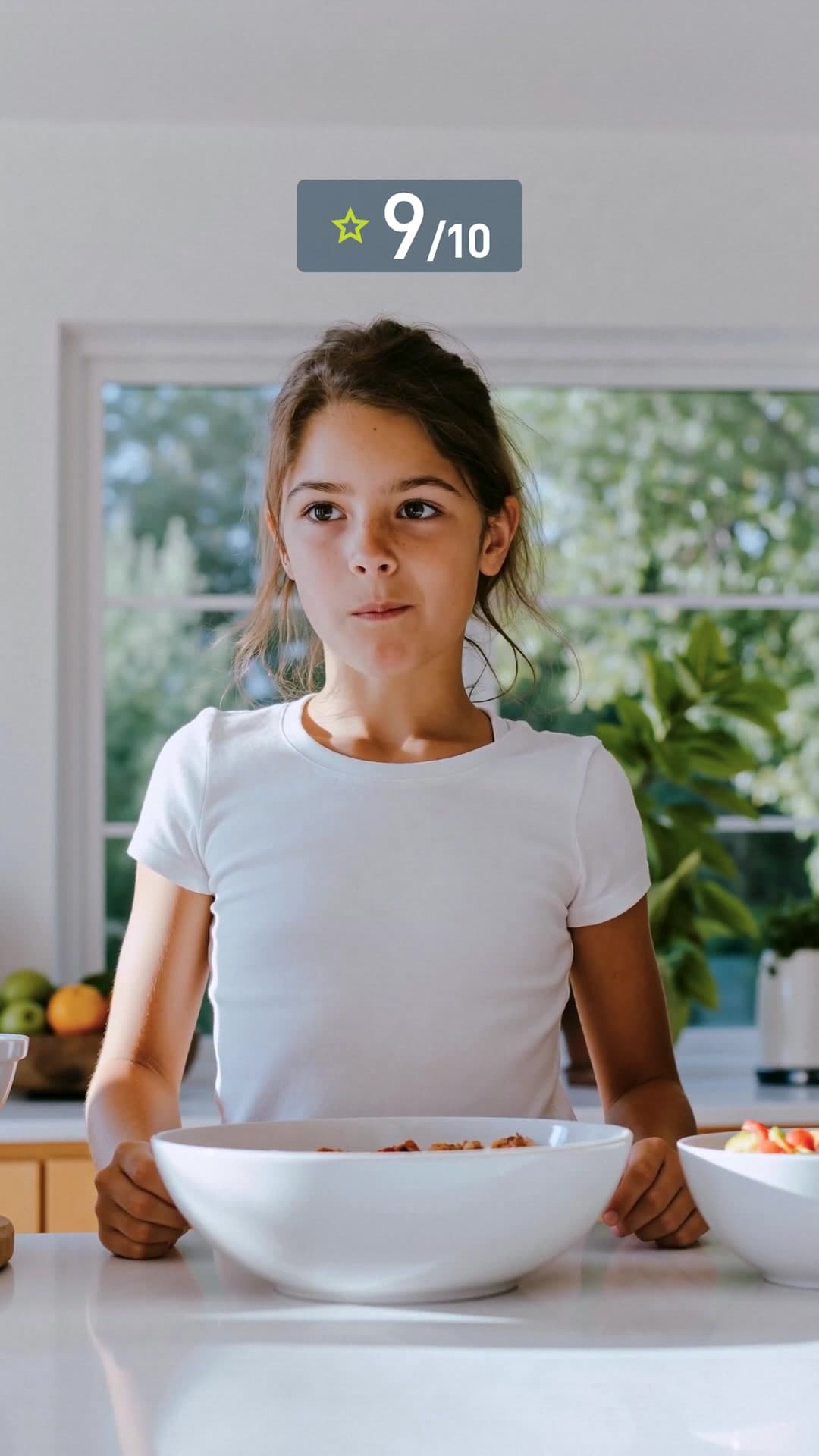 Una niña tras probar un snack, con el rótulo de nota 9 sobre 10.