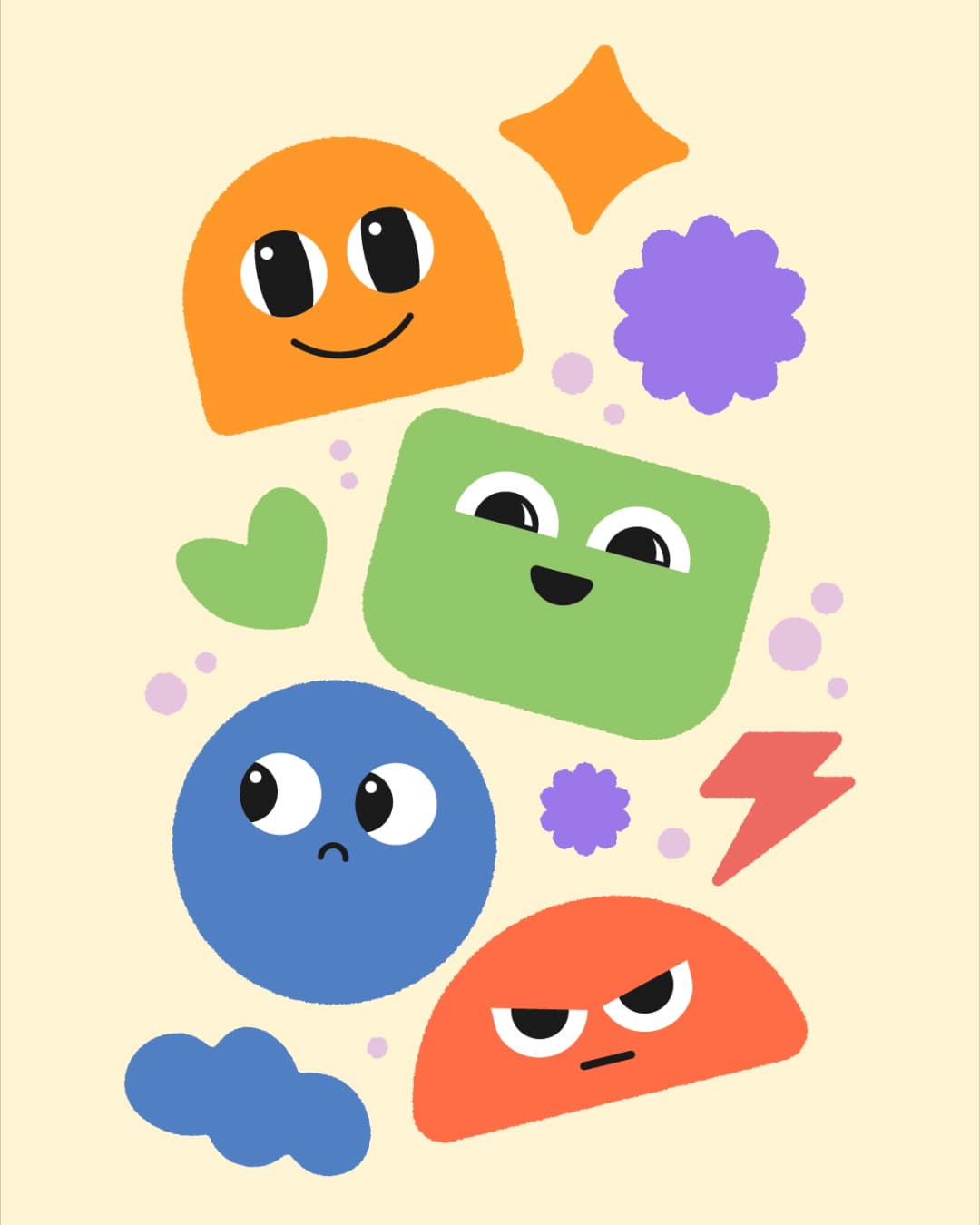 Los cuatro personajes de la marca, naranja, verde, azul y rojo, agrupados sobre fondo crema entre estrellas, nubes y un rayo.