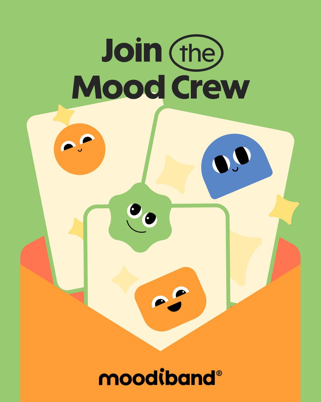 Publicación “Join the Mood Crew”: un sobre naranja abierto del que salen tarjetas con los personajes.
