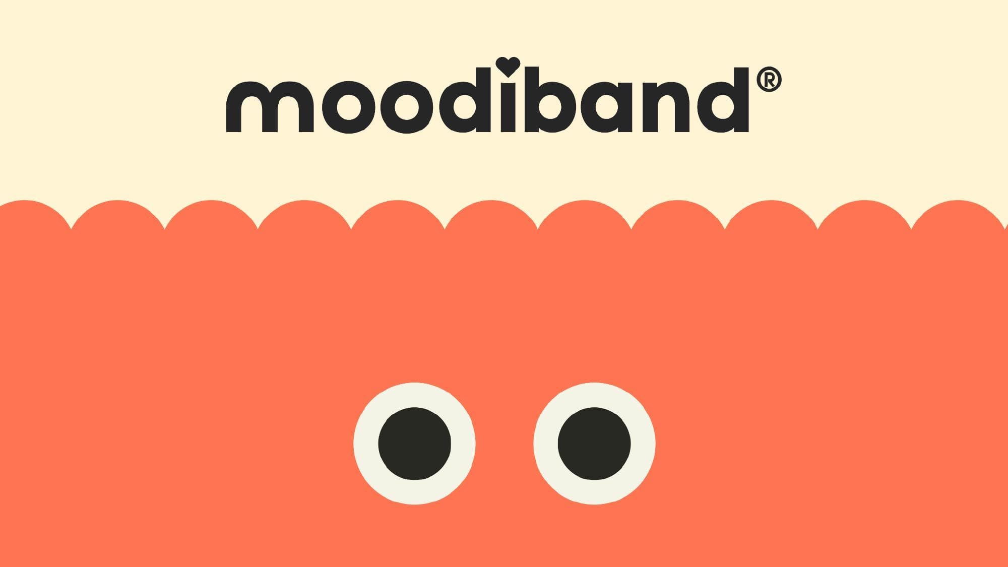 El logotipo moodiband sobre una banda coral de borde festoneado con dos ojos.