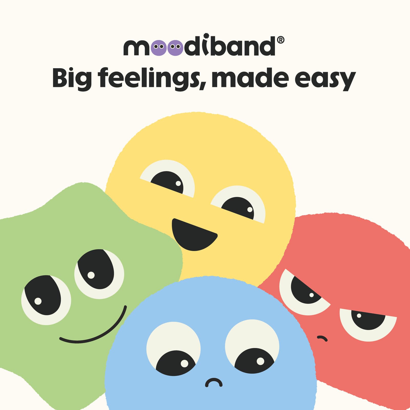Portada del libro para niños “Big feelings, made easy”, con cuatro personajes en tonos pastel.