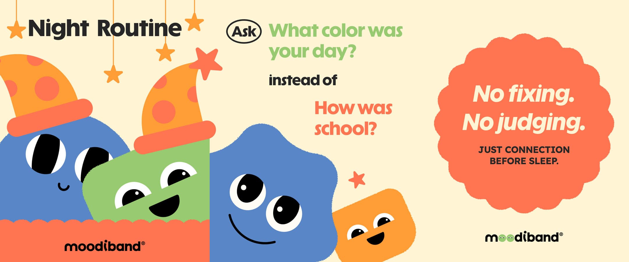Carrusel de tres diapositivas: dos personajes con gorro de dormir, la pregunta “What color was your day?” y el sello “No fixing. No judging.”.