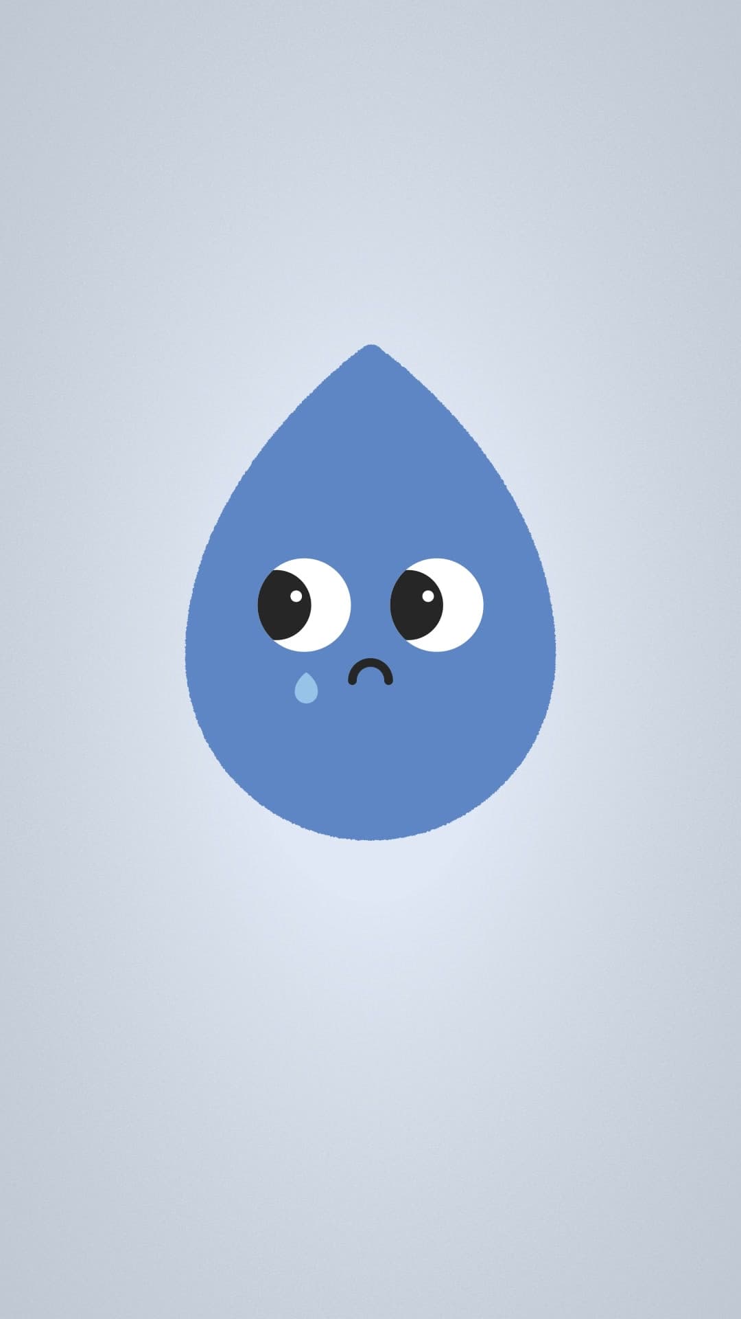 El personaje azul, en forma de gota, con una lágrima, sobre un degradado azul claro.