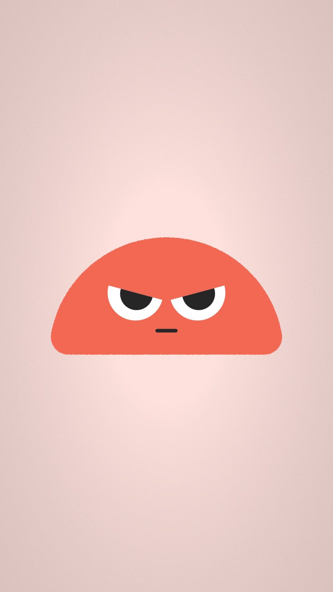 El personaje rojo, en forma de media luna, con el ceño fruncido sobre un degradado rosado.