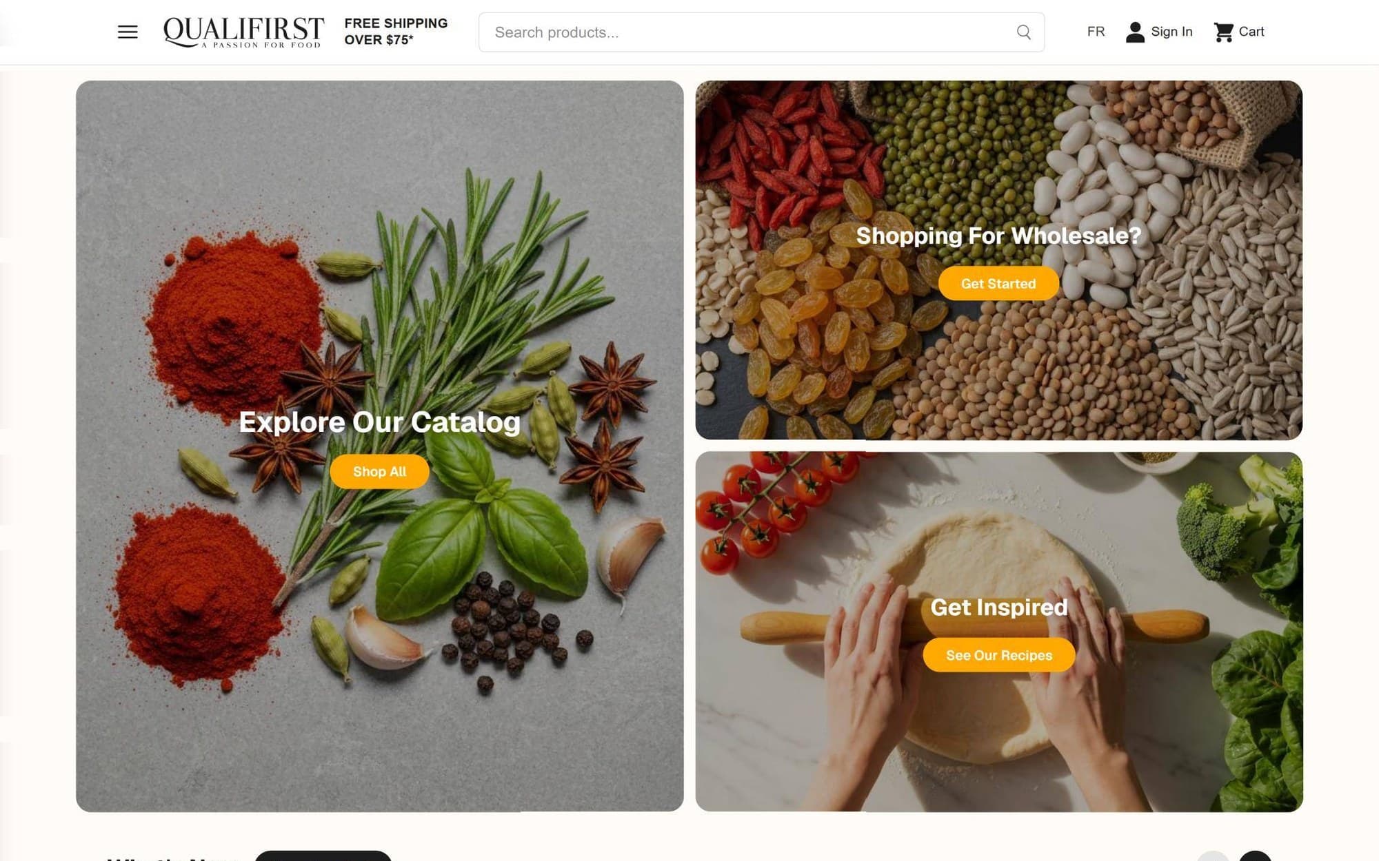 Portada actual en escritorio: tres tarjetas con foto del mismo peso, «Explore Our Catalog», «Shopping For Wholesale?» y «Get Inspired», con botones naranjas.