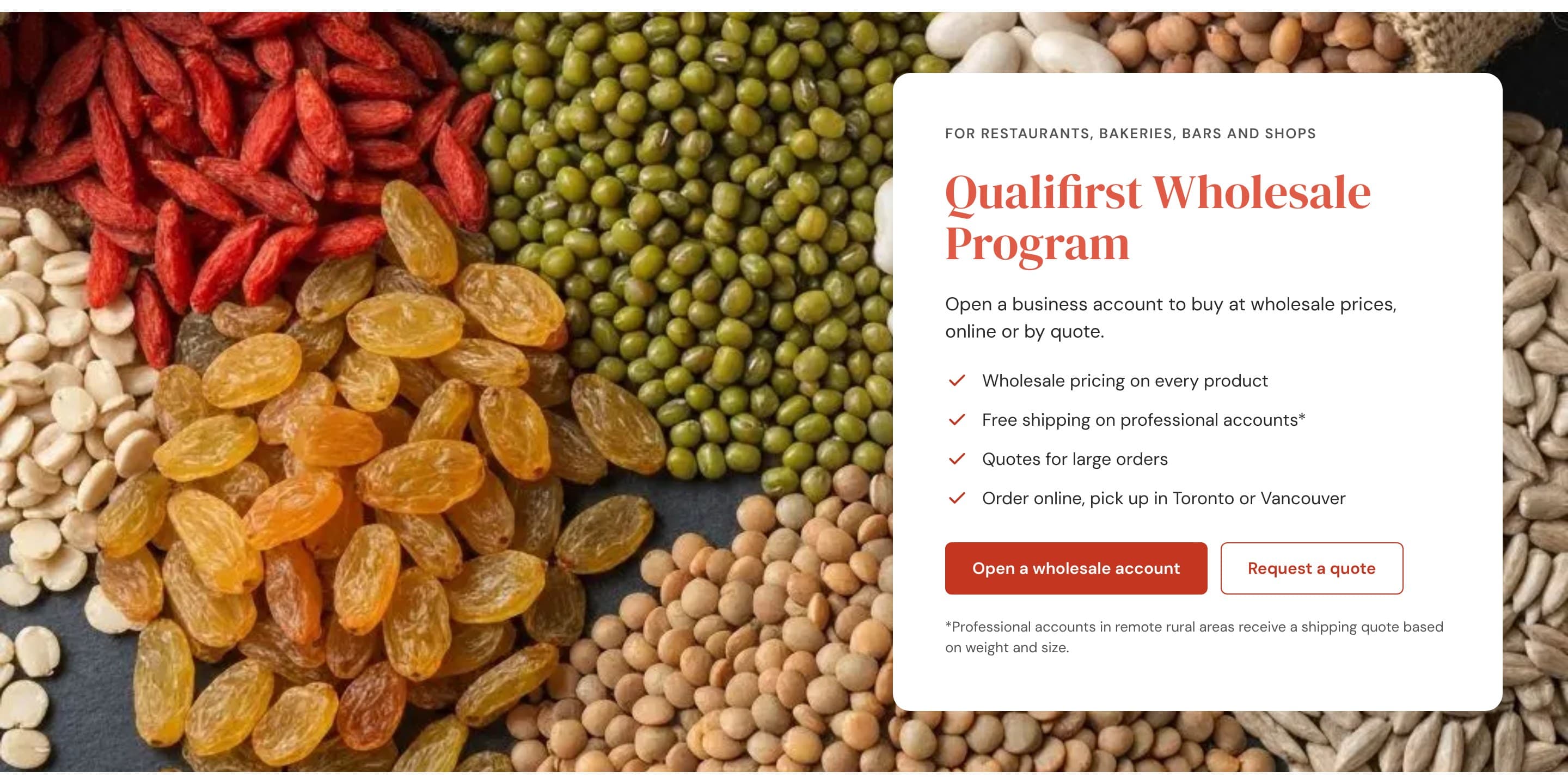 Sección del programa mayorista sobre una foto de legumbres y frutos secos: cuatro ventajas y los botones «Open a wholesale account» y «Request a quote».