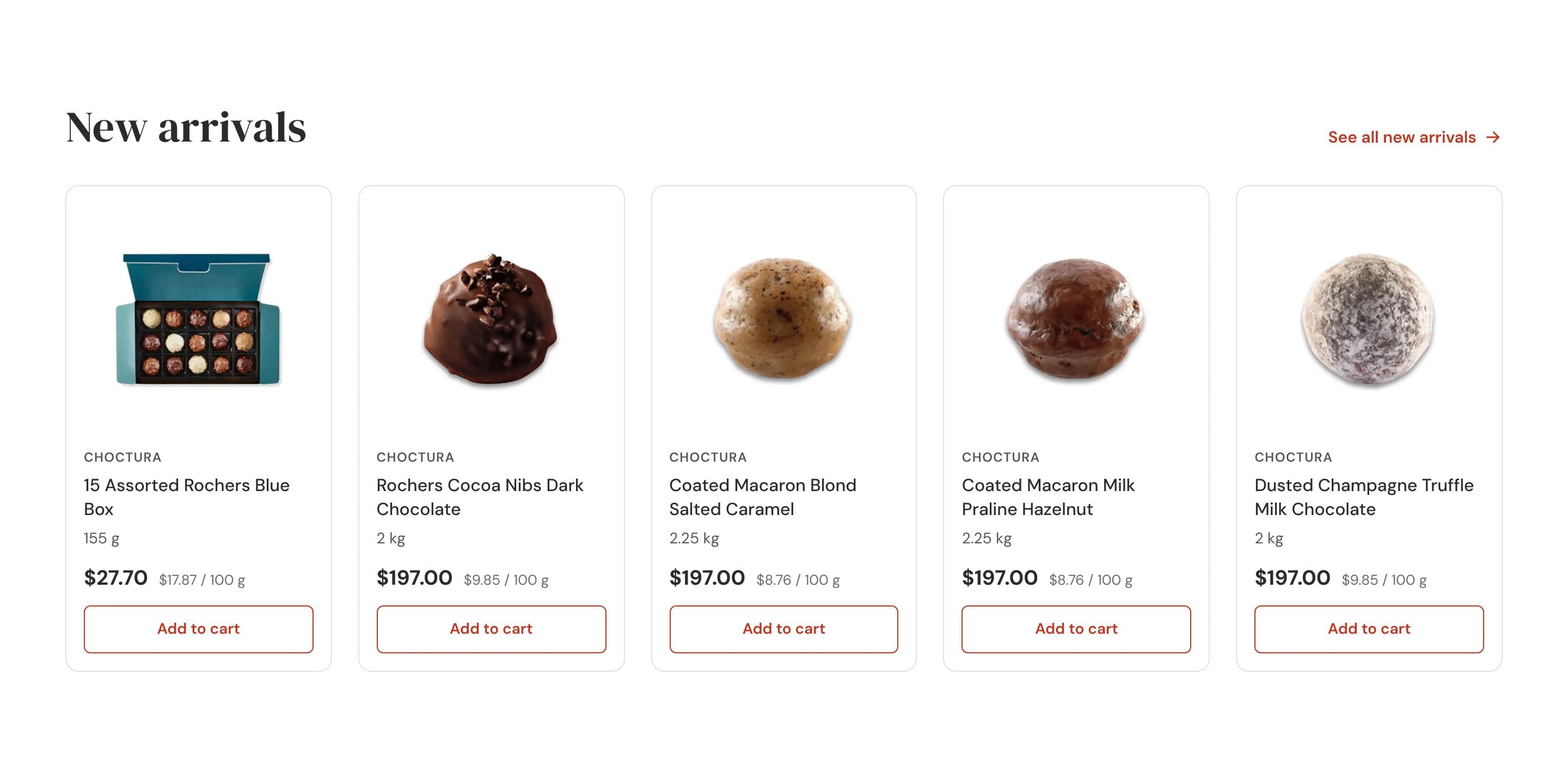 Sección «New arrivals»: cinco productos de Choctura con su formato, su precio y su precio por 100 g.