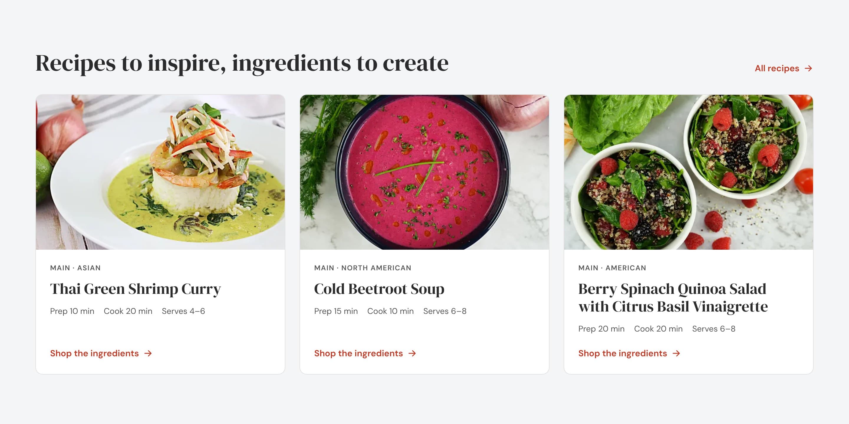 Sección de recetas: tres tarjetas con foto, tiempos de preparación y cocción, raciones y el enlace «Shop the ingredients».