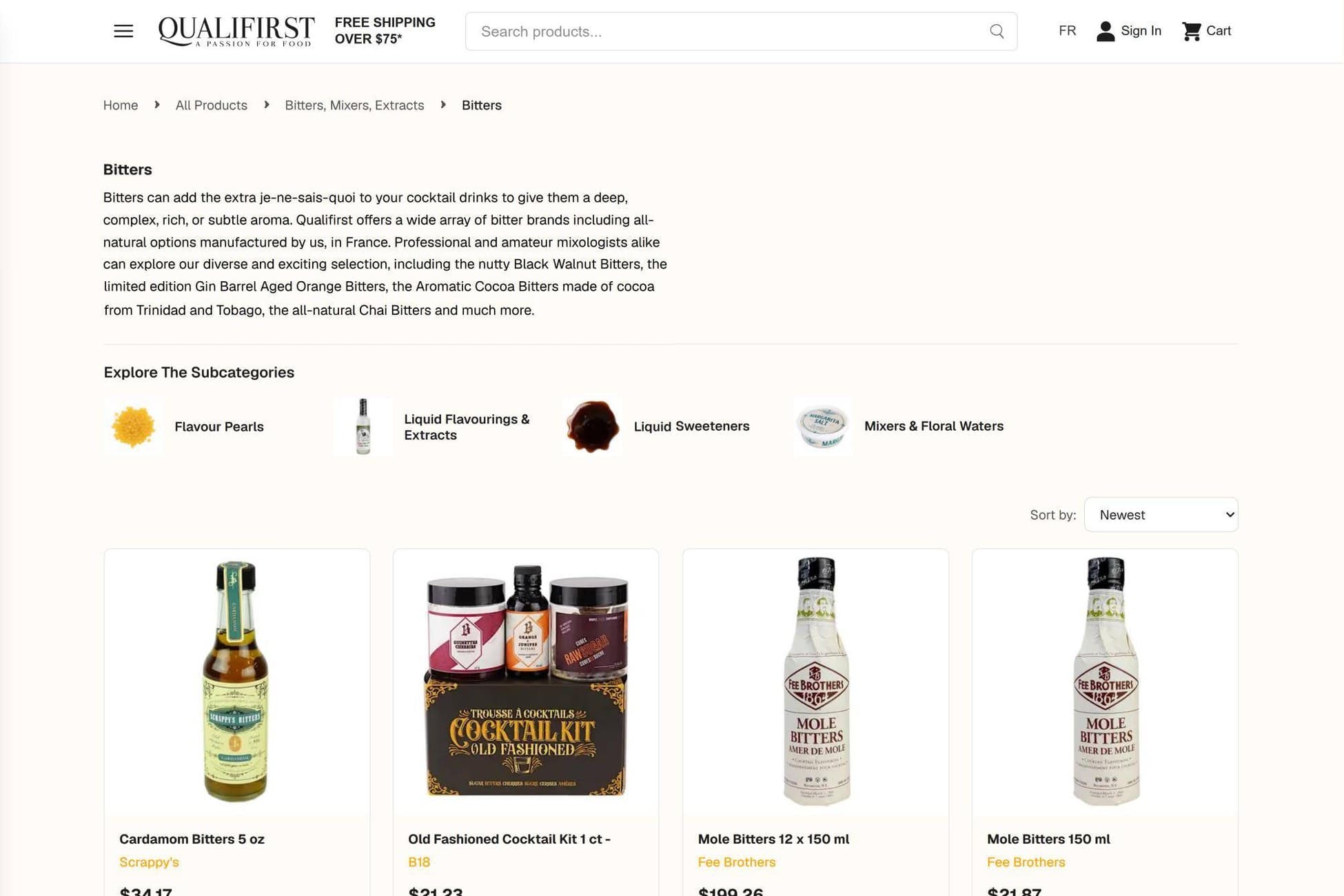 Subcategoría Bitters en la web actual: un titular pequeño, un párrafo largo, las subcategorías y una fila de productos sin filtros, con Mole Bitters en caja de 12 y en botella como dos productos.