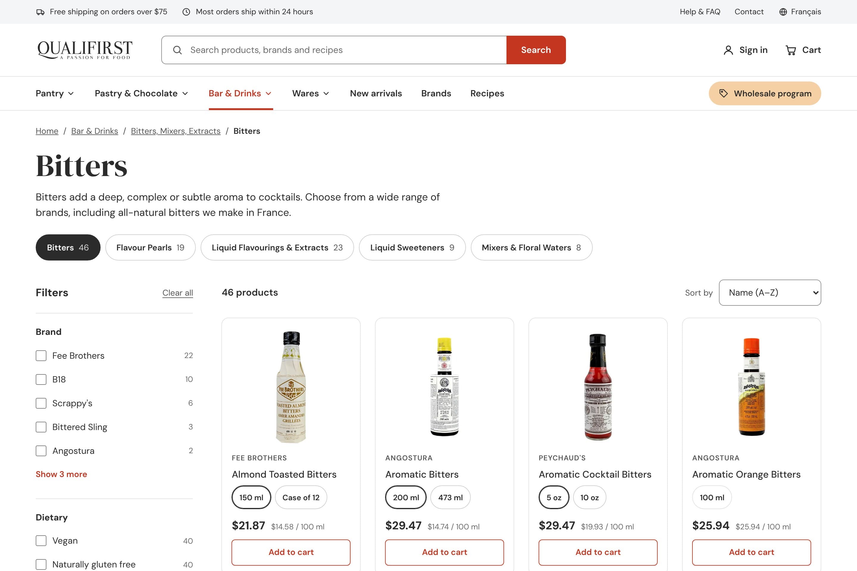 Listado de Bitters en la propuesta: migas, titular, subcategorías con su número de productos, filtros a la izquierda y una rejilla de productos con sus formatos.