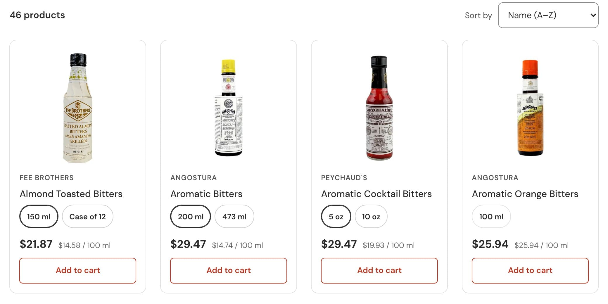 Cuatro tarjetas de producto con la marca, el nombre, los formatos como botones, el precio, el precio por 100 ml y el botón «Add to cart».
