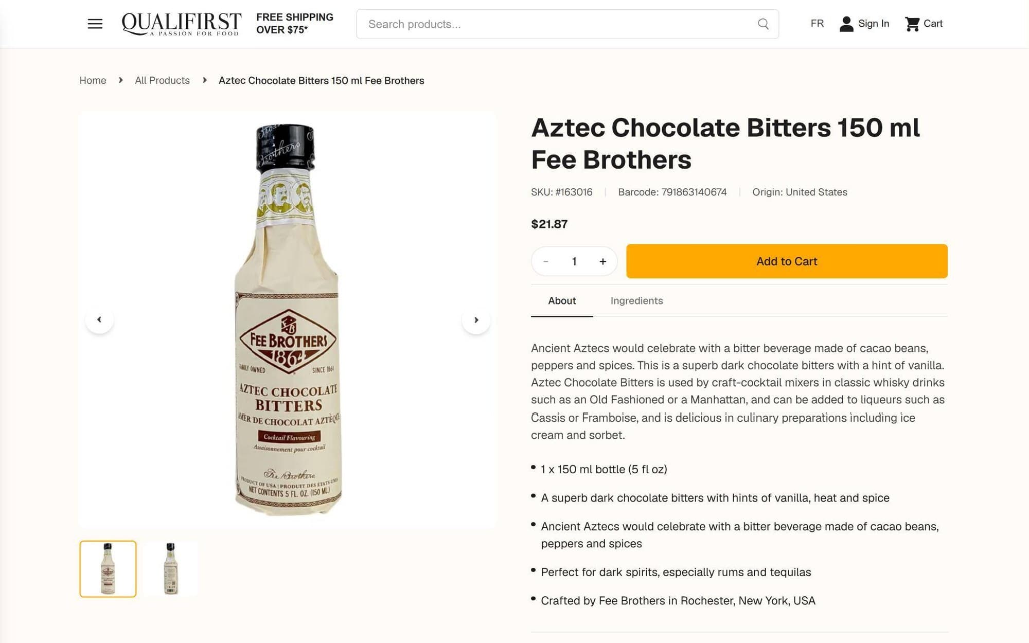 Ficha actual de Aztec Chocolate Bitters 150 ml: migas Home › All Products, foto de la botella, SKU, precio y botón «Add to Cart» naranja, sin opciones de formato.
