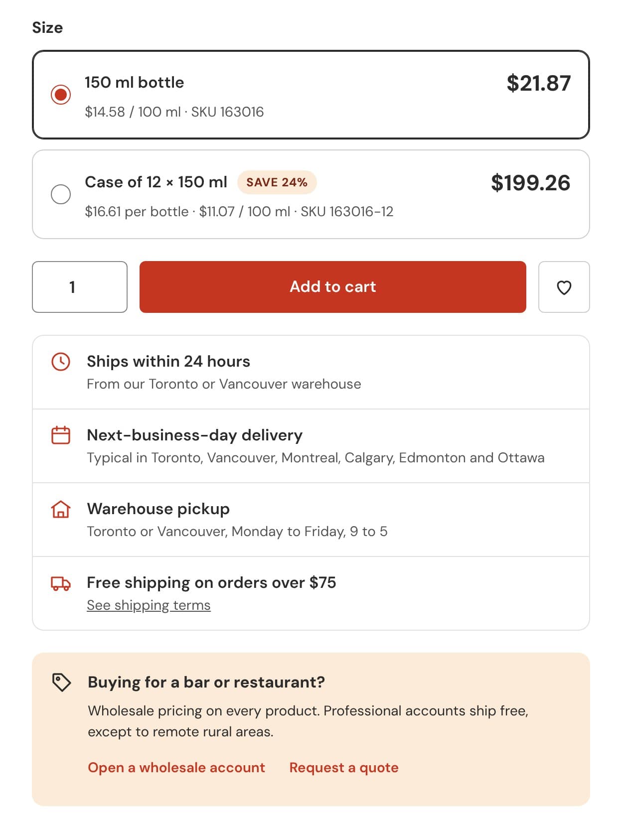 Zona de compra de la ficha: la botella de 150 ml y la caja de 12, cada una con su precio por 100 ml y la caja con el sello «Save 24%», el botón «Add to cart», el envío, la entrega y la recogida, y un recuadro para profesionales.
