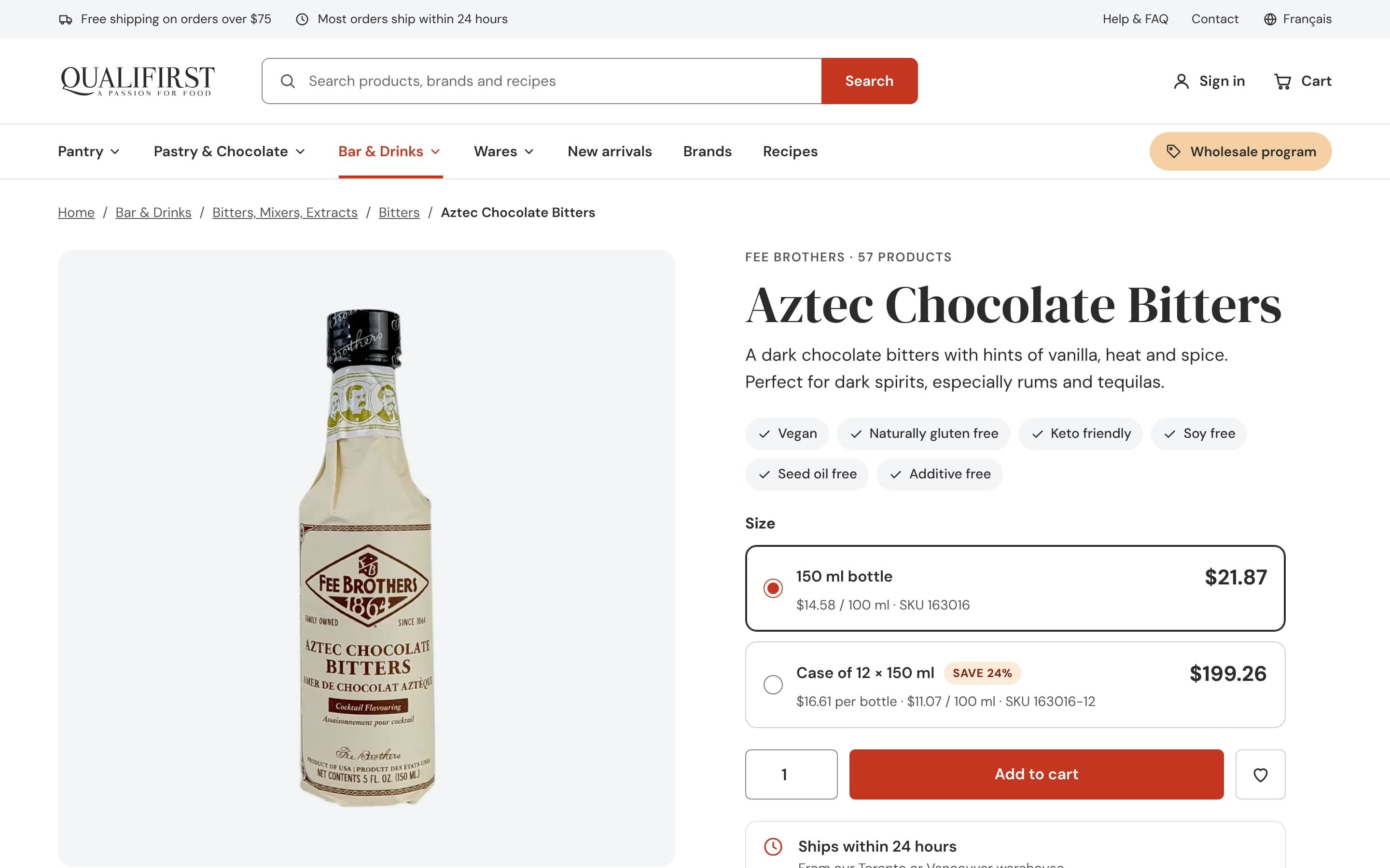 Ficha propuesta de Aztec Chocolate Bitters: migas con la categoría, foto de la botella, sellos dietéticos y la botella y la caja de doce como opciones de compra.