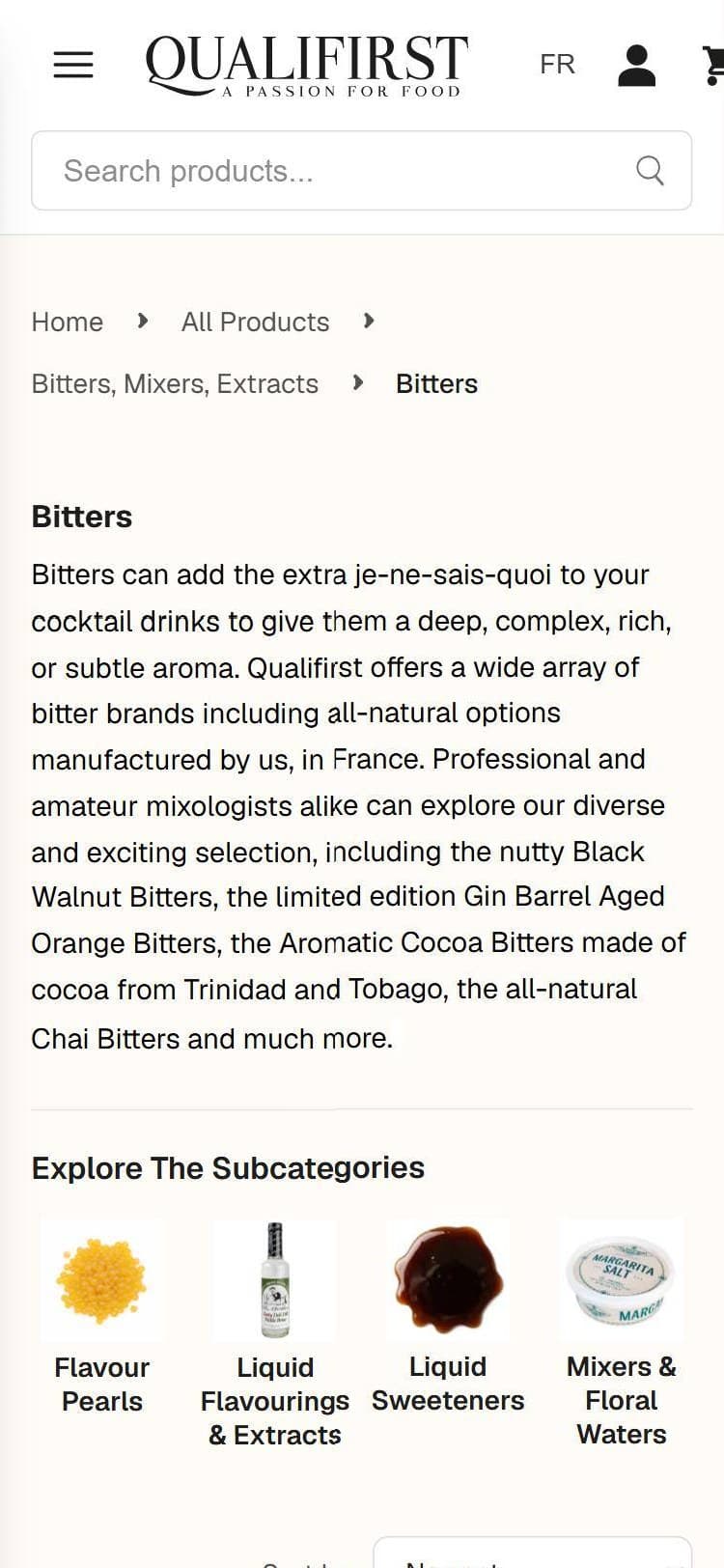 Bitters en un móvil, en la web actual: la primera pantalla la ocupan la cabecera, las migas, el párrafo y las subcategorías, y no se ve ningún producto.