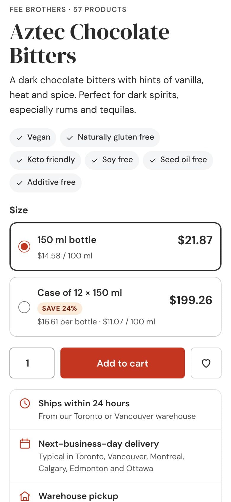 Más abajo en la misma ficha: sellos dietéticos, los dos formatos con su precio, el botón «Add to cart» y los plazos de envío y entrega.