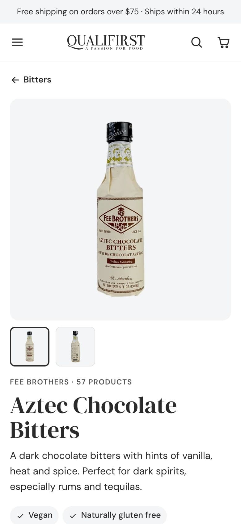 Ficha en el móvil propuesto: la foto de la botella, sus miniaturas y el nombre del producto.