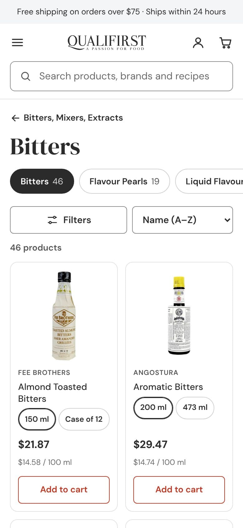 Listado de Bitters en el móvil propuesto: titular, subcategorías, botones de filtros y de orden, y productos a dos columnas.