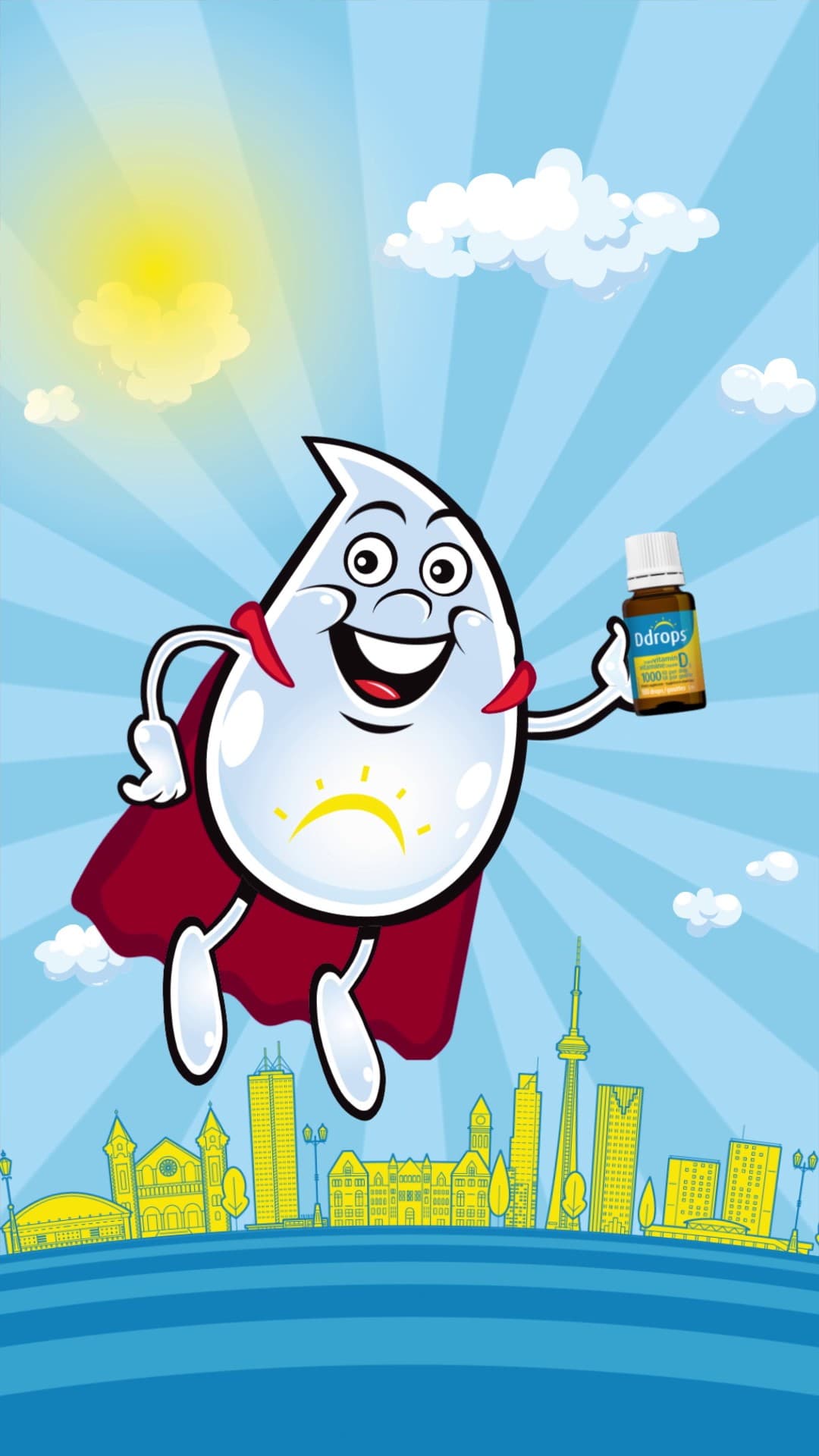 DeDe, la gota mascota de Ddrops, vuela con capa roja y un frasco en la mano sobre el skyline de Toronto, bajo un sol entre nubes.