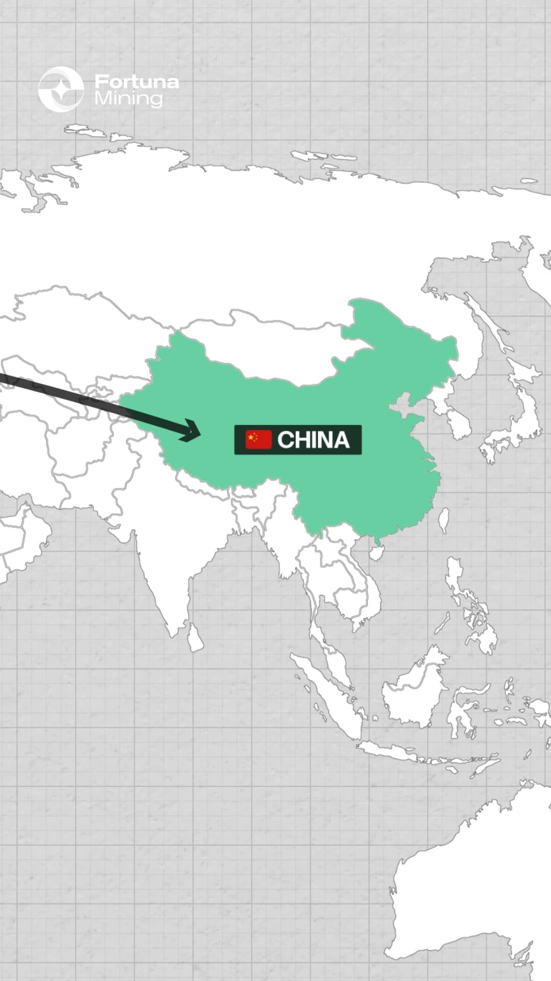 Short vertical: mapa de Asia sobre una retícula gris, con China en verde y una flecha que llega desde la izquierda.