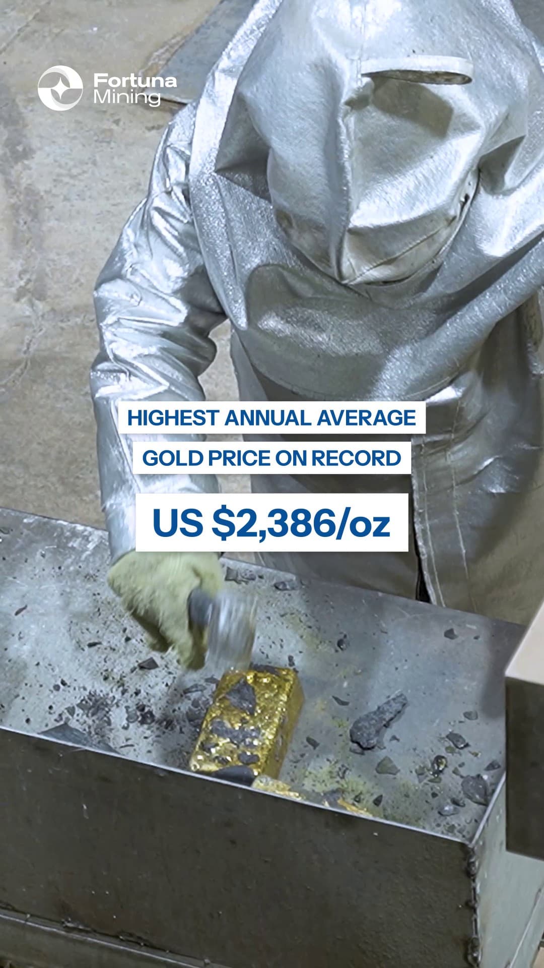 Short vertical: un operario con traje térmico manipula un lingote de oro, con los rótulos «Highest annual average gold price on record» y «US $2,386/oz».