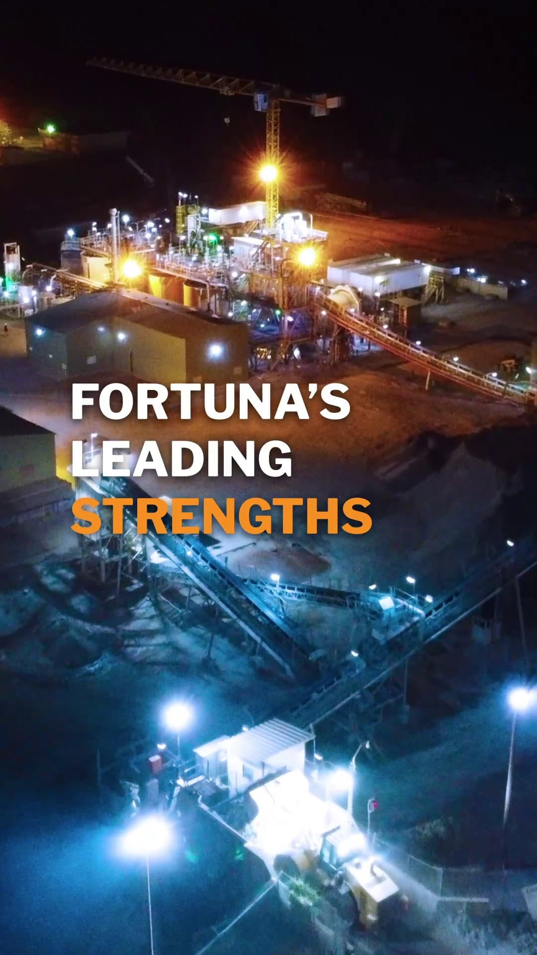 Short vertical: la planta de procesamiento iluminada de noche, con el rótulo «Fortuna's leading strengths».