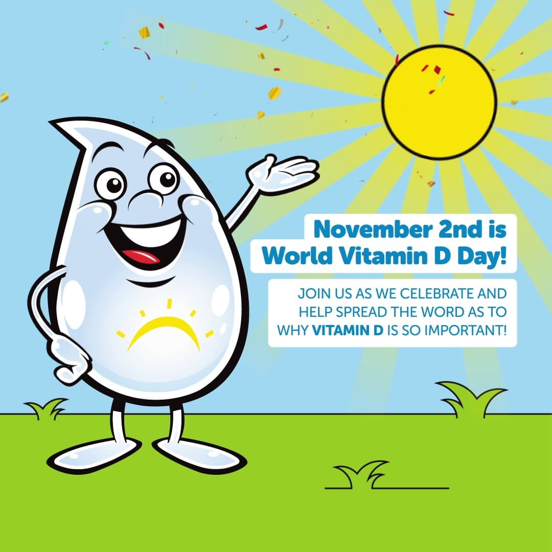 DeDe saluda bajo un sol radiante sobre un prado verde, junto al texto «November 2nd is World Vitamin D Day!».