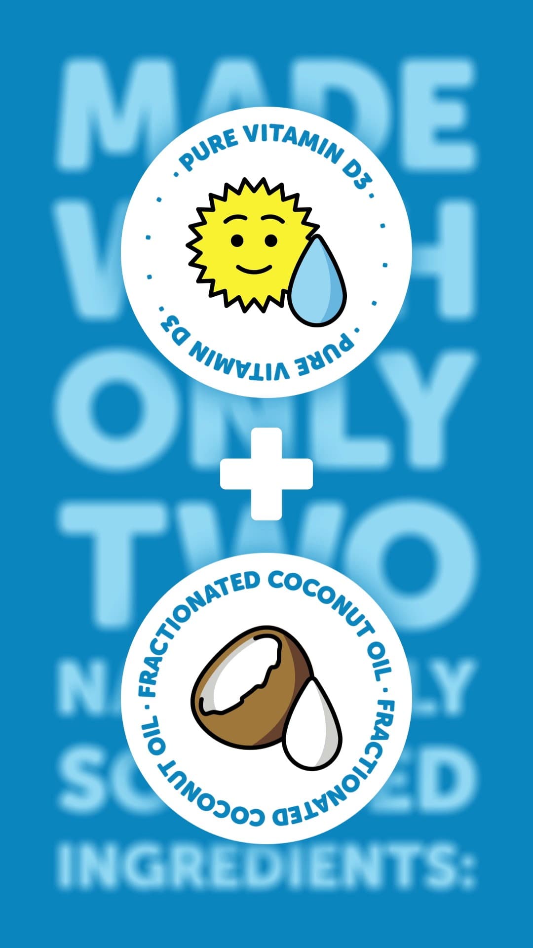 Rótulo «Made with only two naturally sourced ingredients» con dos sellos: «Pure vitamin D3» y «Fractionated coconut oil».